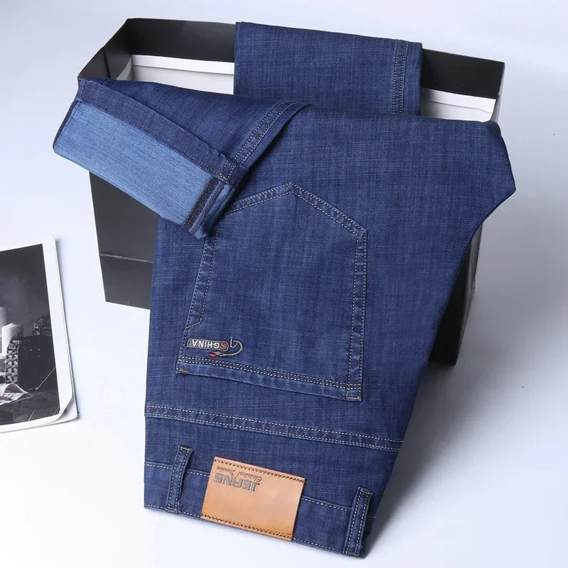 New Ice Silk Thin Denim Jeans for Men Blue Straight Stretch Cotton Denim Pant Business Casual Lightweight Trousers Spring Summer