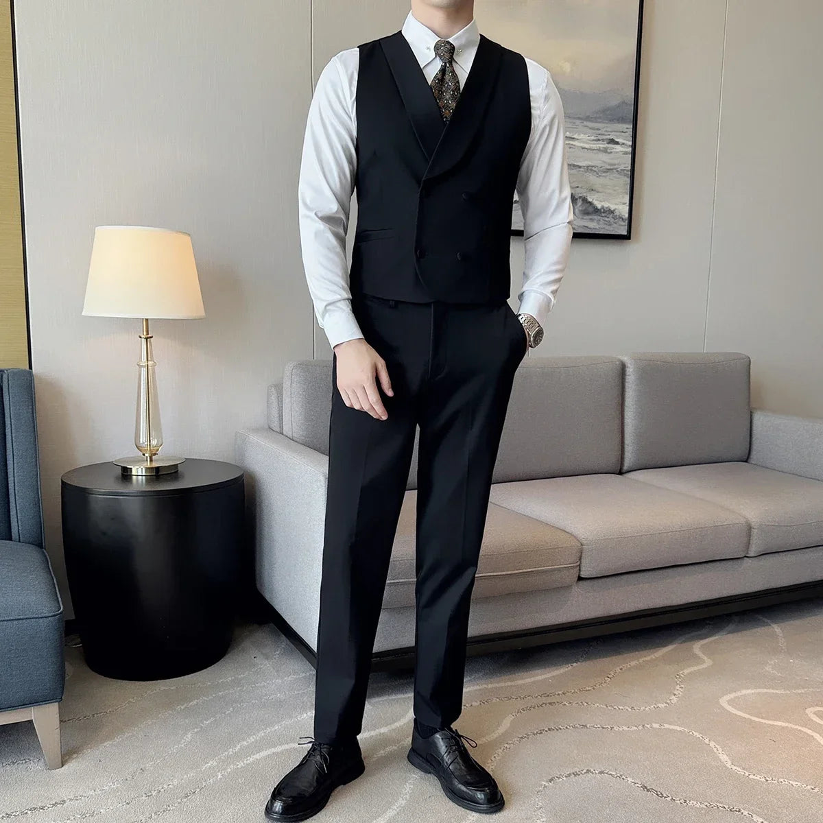 High-end Double-breasted Suit Vest With Pants 2024 New Men Fashion Slim Business Casual Best Groom Wedding Dress Vest  2 Pcs Set