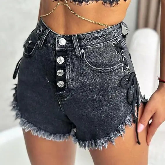 HOUZHOU Women's Cross-strap Shorts White Sexy High-Waisted Slim-Fit Denim Shorts Summer High Street Wrapped Hip Short Jeans