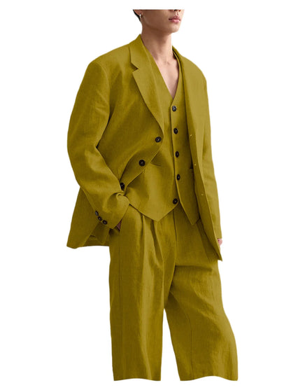 Men's Linen Suit Classic Notch Lapel 3 piece(Blazer+Vest+Pants)Breathable Wide Leg Trousers for Groom Spring Summer Party