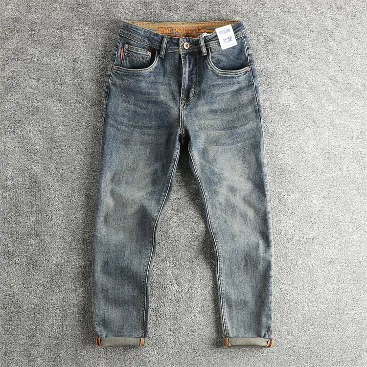 Retro blue wash-fried cat whisker jeans men's high-end custom fabric American fashion brand youth nine-point pants