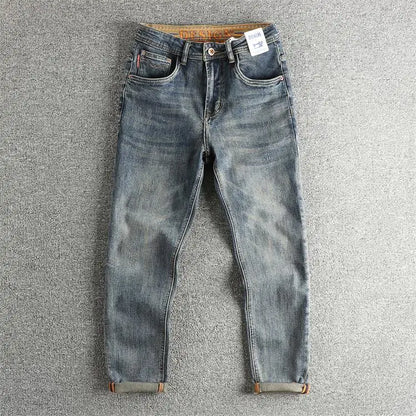 Retro blue wash-fried cat whisker jeans men's high-end custom fabric American fashion brand youth nine-point pants