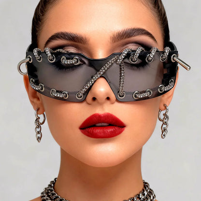 Punk Y2k sunglasses women Frameless  Sunglasses Crystal Chain One-piece Party Shades Bling Streetwear Luxury Accessories