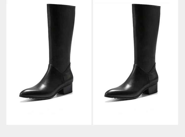 Italian Classic Men's Knee High Boots 5 Cm Heels Luxury Genuine Leather Comfortable Winter Warm Black Business Shoes Boots Man