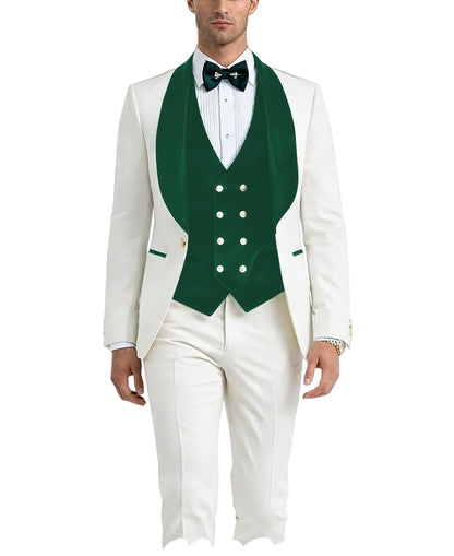 Men White Tuxedo Suit 3 Piece Shawl Lapel Slim Fit 1 Button Velvet Collar Patched Blazer Vest Pants Set for Wedding Party Groom