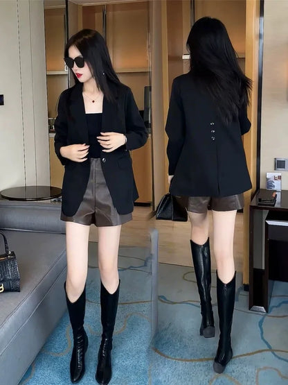 Korean Style Blazer for Women Spring and Autumn Temperament Back Slit Versatile Casual Cardigan Solid Color Top