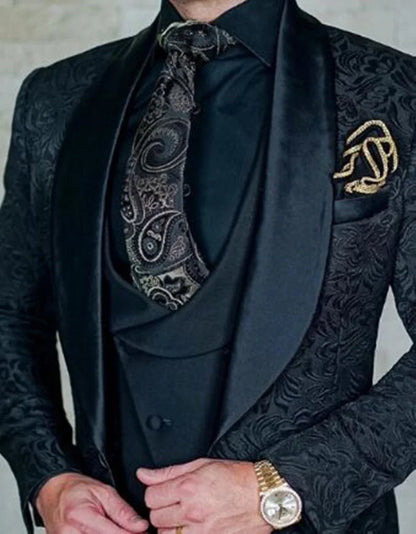 Fashion Jacquard 3-Piece Men's Tuxedo Suit with Shawl Lapel Slim Fit Blazer Vest Pants for Business Wedding Prom Party