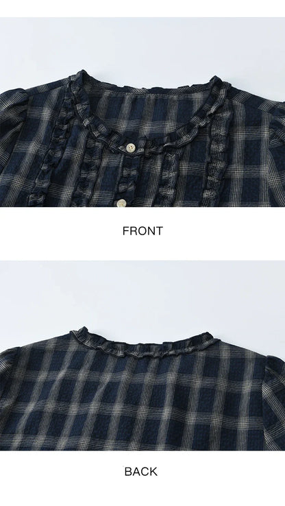 Women's Vintage Blue Plaid Shirt 2025 Autumn New Elegant Luxury Loose Waist Shirts Round Neck Long Sleeved Top MXE45X2480