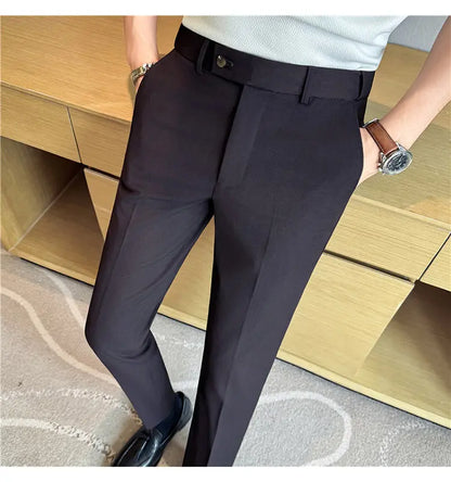 High Quality Pinstripe Slim Fit Suit Pant Men Stretchable Elastic Waist Slim Fit Business Social Wedding Party Casual Trousers