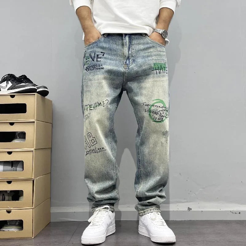 Spring and Autumn New Fashion Trend Printed Straight Leg Vintage Denim Pants Men's Casual Loose Sports High Quality Pants 28-36