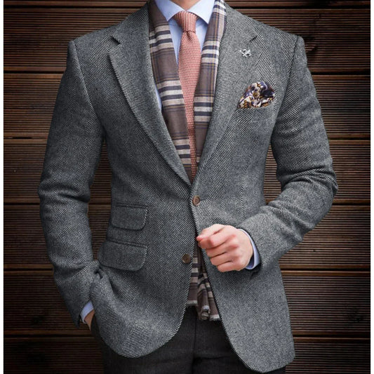 High Quality Men's Vintage Herringbone Tweed Blazer Wool Blend Single Breasted Lightweight Casual Sport Coat Formal Jacket