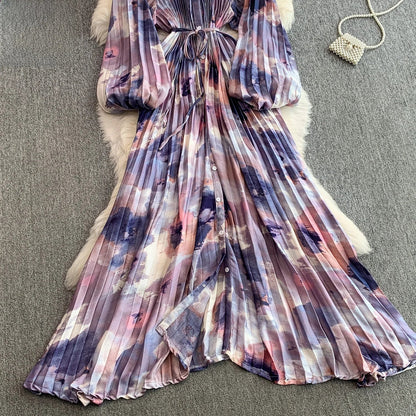 Ele Printed round Ne Lantern Sve Dr Women's Single Button Waist Cinch Maxi Skirt Long Dr Commute Sle Autumn