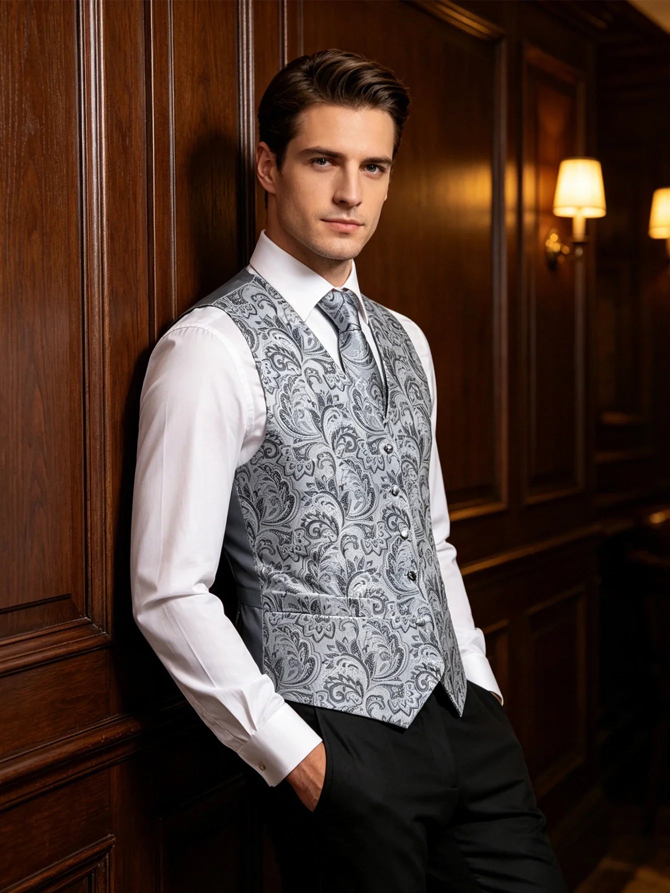 Silver Grey Paisley Floral Waistcoat Accessory Kit Tie Pocket Square Cufflinks For Bridal Shower Anniversary Dinner