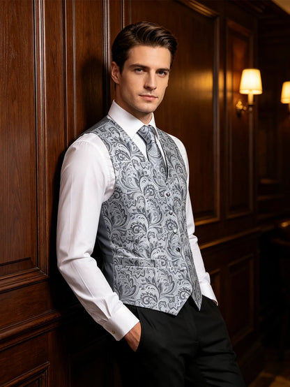 Silver Grey Paisley Floral Waistcoat Accessory Kit Tie Pocket Square Cufflinks For Bridal Shower Anniversary Dinner