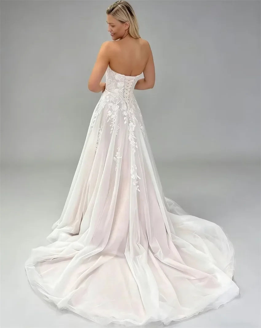 Customized Boho Sweetheart A-line Tulle Wedding Dresses Sleeveless Lace Appliques Bride Dress Long Bridal Gown vestidos de novia