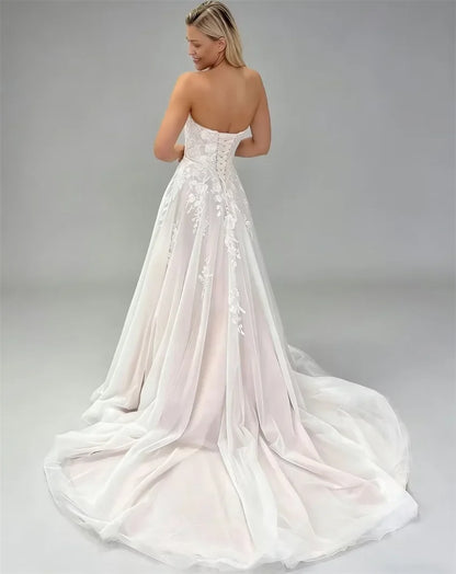 Customized Boho Sweetheart A-line Tulle Wedding Dresses Sleeveless Lace Appliques Bride Dress Long Bridal Gown vestidos de novia