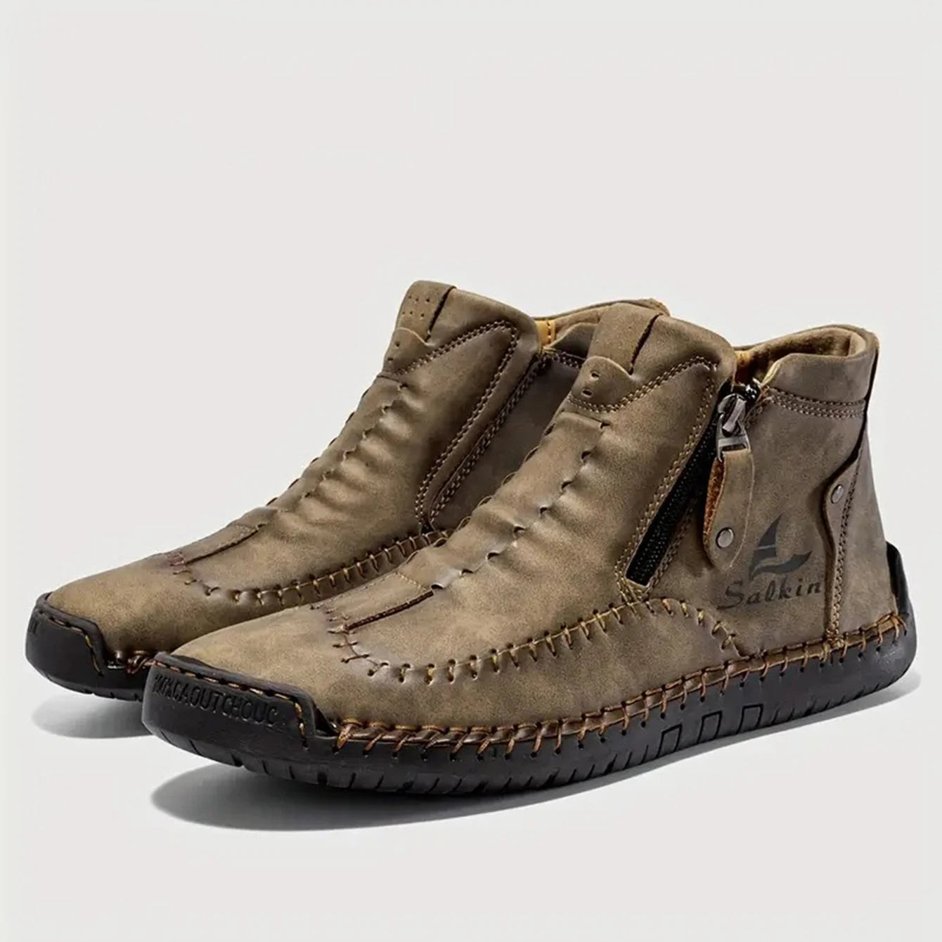 Men's Hand-Sewn High-Top Boots, Fashionable Side-Zip Casual Shoes, All-Season Outdoor Boots, Large Size Men's Shoes, Comfortable Bare Boots