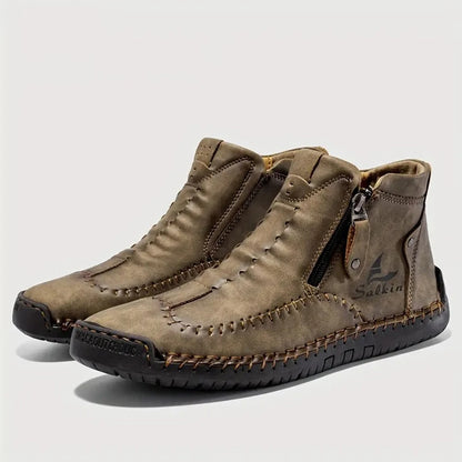 Men's Hand-Sewn High-Top Boots, Fashionable Side-Zip Casual Shoes, All-Season Outdoor Boots, Large Size Men's Shoes, Comfortable Bare Boots