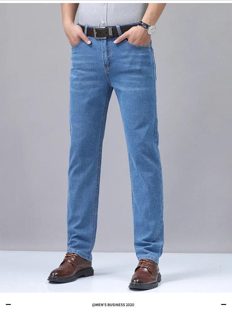 2025 New Light Blue Men's Comfort Soft Jeans Fashion Straight Business Pants Cotton Soft Casual Stretch Denim Trousers 28-40