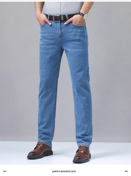 2025 New Light Blue Men's Comfort Soft Jeans Fashion Straight Business Pants Cotton Soft Casual Stretch Denim Trousers 28-40
