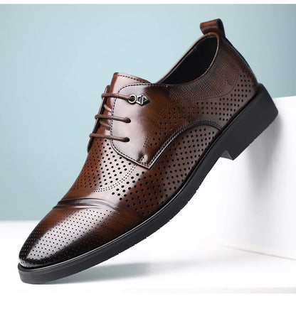Men's Summer Breathable Leather Shoes Hollow out Fashionable Slip-On Comfortable Anti-Slip Soft Bottom Derby Shoes-SJ2501-1