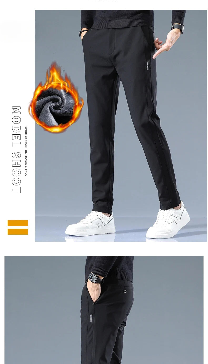 Winter Fleece Golf Casual Pants Men Business Slim Stretch Jogger Thick Trousers Korean Classic Elastic Waist Velvet Male Pants
