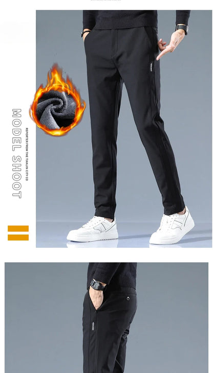 Winter Fleece Golf Casual Pants Men Business Slim Stretch Jogger Thick Trousers Korean Classic Elastic Waist Velvet Male Pants