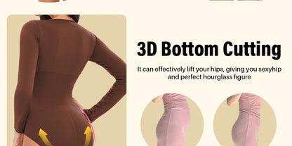 Spandex Elastic Body Suit Shapewear Women Body Shaper Tummy Control Long Sleeve Open Crotch Round Neck Seamless Shapers