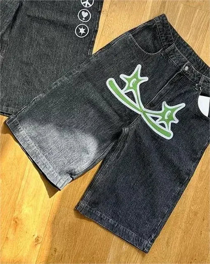American Retro Gothic Halloween Geometry Graffiti Print Denim Shorts Men Women Y2k Low Waist Baggy Knee Length Jeans Jorts Short