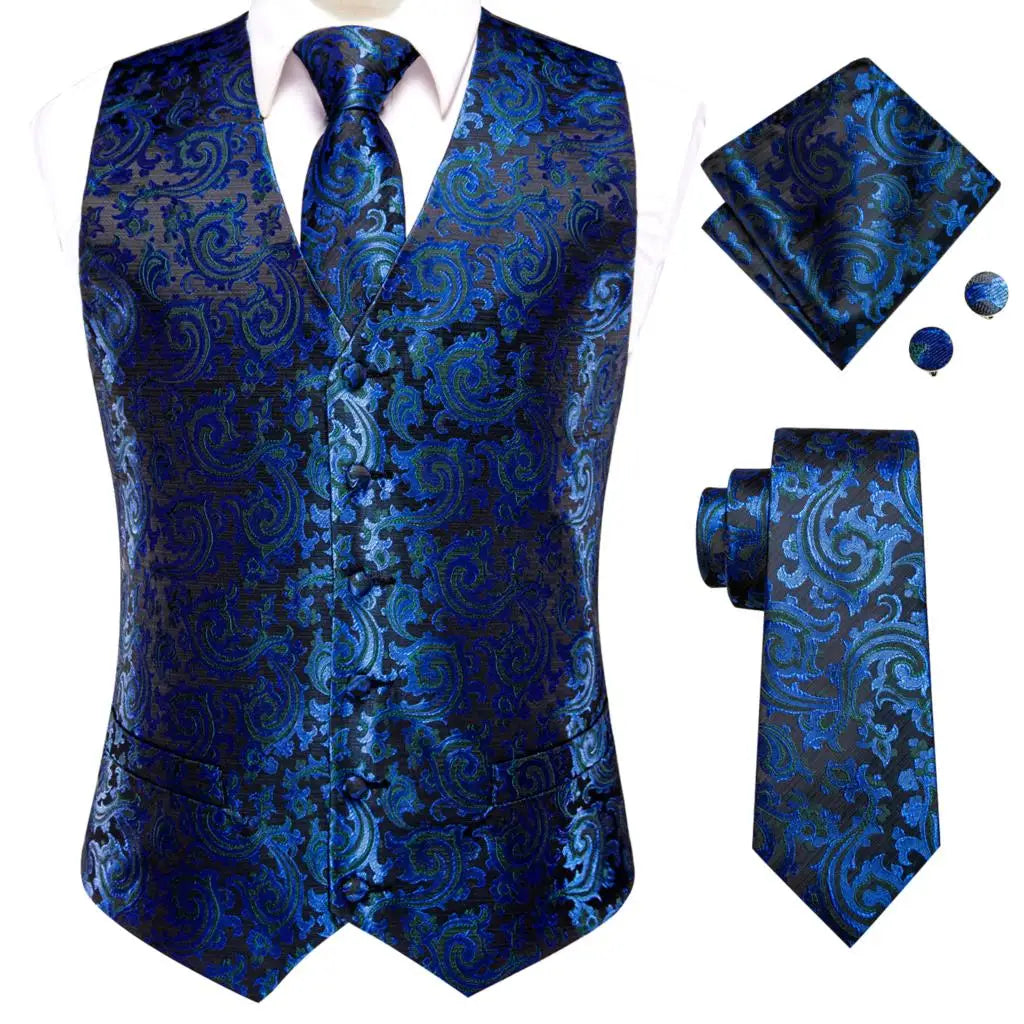 Silk Mens Vests Sleeveless Waist Jacket Jacquard Black Orange Floral Waistcoat Tie Hanky Cufflinks Set for Men Casual XXL