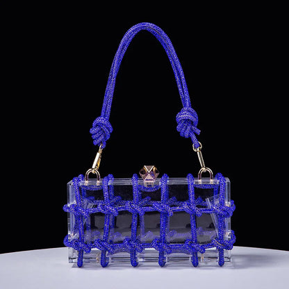 New Diamond Clear Acrylic Box Evening Clutch Bags Women Boutique Woven Knotted Rope Rhinestone Purses And Handbags Wedding Party