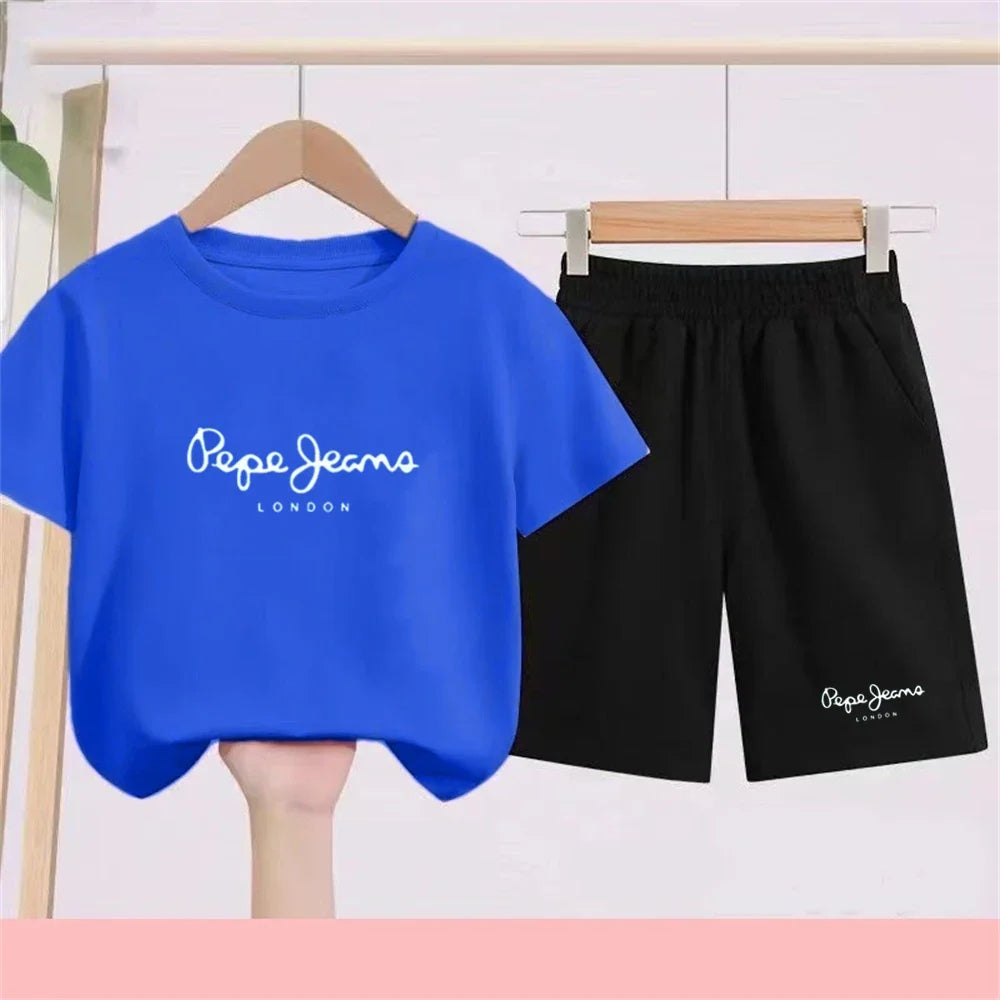Summer T-shirt Children Short Sleeve Age 3-12 Girls Boy Set White Tshirt+Shorts 2pcs Youngster Cool Refreshing Kids Print Set
