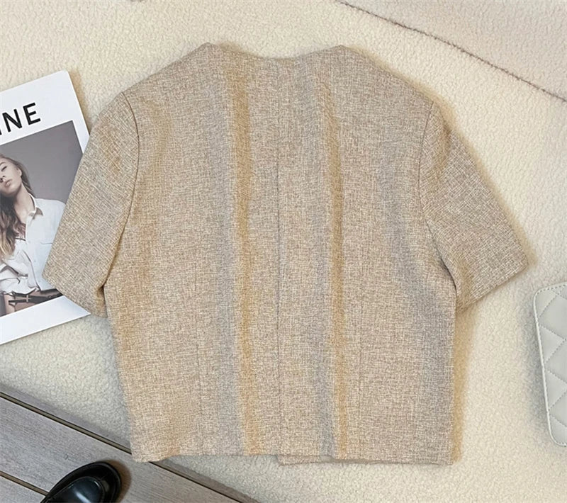 Light Coffee Short Sleeve Small Suit Jacket Female Thin 2025 Summer New Temperament Ladies Short Jacket Casual Women Blazer Tops