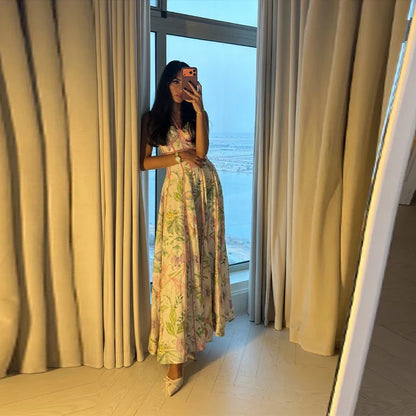 Fashionable Lady Floral Corset Maxi Dresses Halter Neck Sleeveless Flowy Long Dress Female Beach Vacation Party Evening Gown