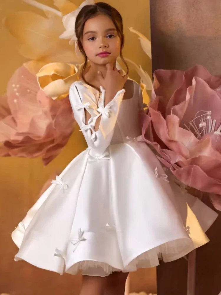 Customized White Flower Girl Dress Satin Tulle Bow Long Sleeve For Wedding Birthday Party Prom Communion Banquet Gown