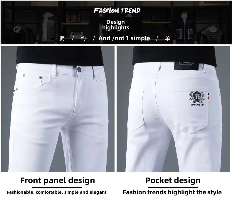 Korean Man Designer Clothes 2025 White Jeans Men Spring Autumn Printed Students Slim Stretch Pencil Pants Workwear Long Trousers
