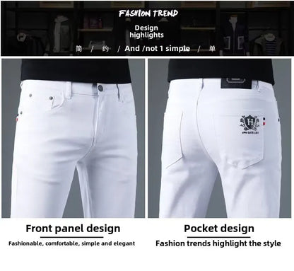 Korean Man Designer Clothes 2025 White Jeans Men Spring Autumn Printed Students Slim Stretch Pencil Pants Workwear Long Trousers