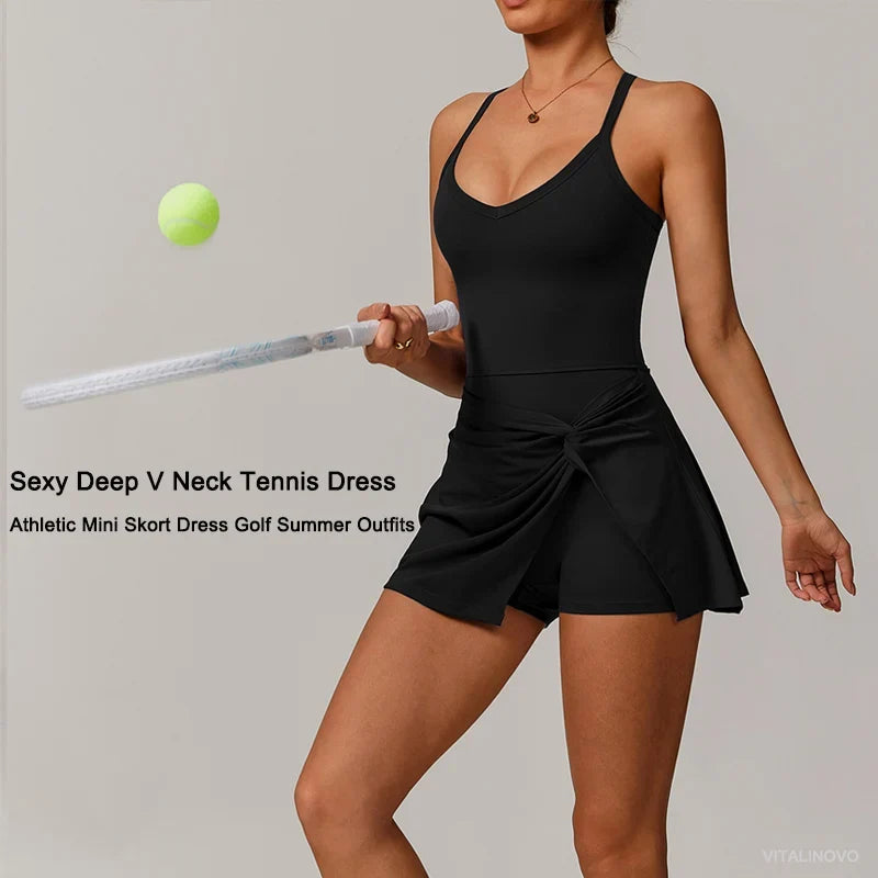Womens Tennis Dress with Shorts Underneath Workout Dress with Built-in Bra Deep V Neck Athletic Dresses Golf Dress