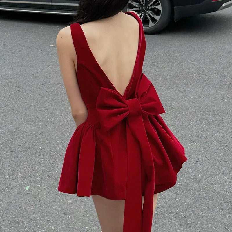 Fashion Red Bowknot Mini Dress Straps Square Collar Sleeveless Backless Vintage Cute Ladies Slim Party Short A-line Dresses