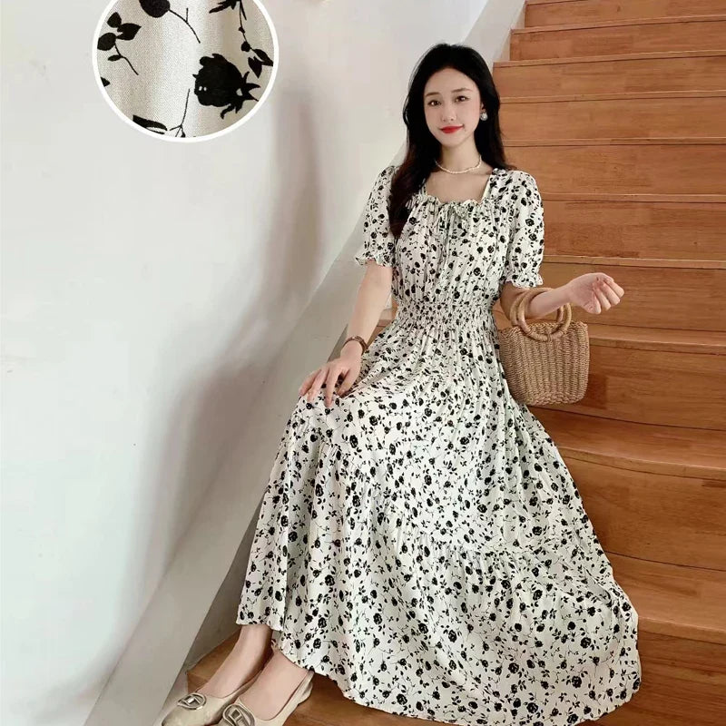 Summer New Cotton Silk Floral Print Maxi Dr ort Sve Beachwear High Waist Young Women's Large Skirt Swing Dr