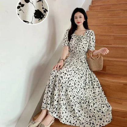 Summer New Cotton Silk Floral Print Maxi Dr ort Sve Beachwear High Waist Young Women's Large Skirt Swing Dr
