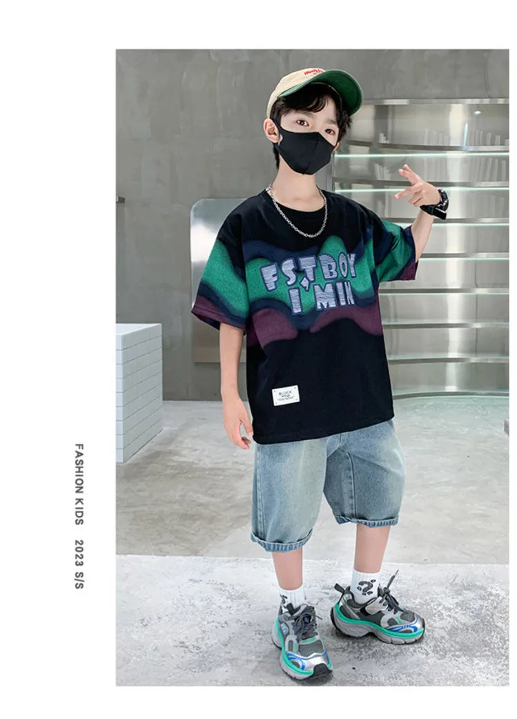 Summer Boy Denim Shorts and Top Clothes Set Outfit Kids Fashion 2-Piece Suit Korean Children Streetwear Tracksuit 5 6 7 9 10 14Y