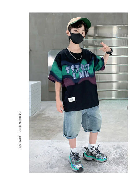 Summer Boy Denim Shorts and Top Clothes Set Outfit Kids Fashion 2-Piece Suit Korean Children Streetwear Tracksuit 5 6 7 9 10 14Y