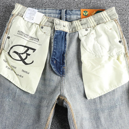 New wash light blue ground white jeans men's spring American fashion brand small straight leg retro casual youth pants
