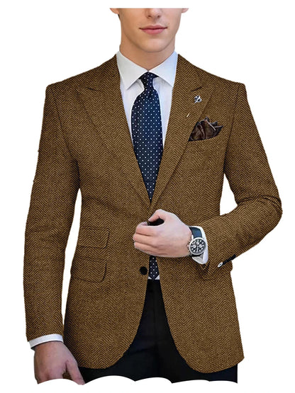 Autumn Winter Men's Herringbone Blazer Tuxedos Only Coat Wool Tweed Single Breasted Formal Bussiness/Wedding Prom Suit Jacket