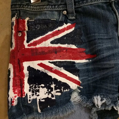 American Y2K Retro Graffiti British Flag Short Jeans Harajuku Women's Washed Denim Shorts Tight Low Waist Shorts