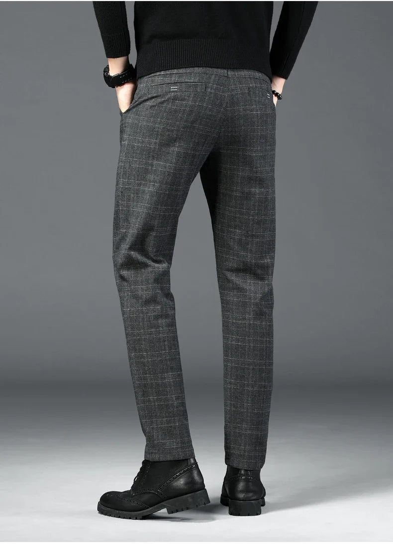 Autumn New Men's Plaid Striped Business Casual Pants Classic Fashionable Straight Elastic Casual Trousers Black Gray Male