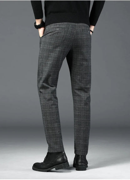 Autumn New Men's Plaid Striped Business Casual Pants Classic Fashionable Straight Elastic Casual Trousers Black Gray Male
