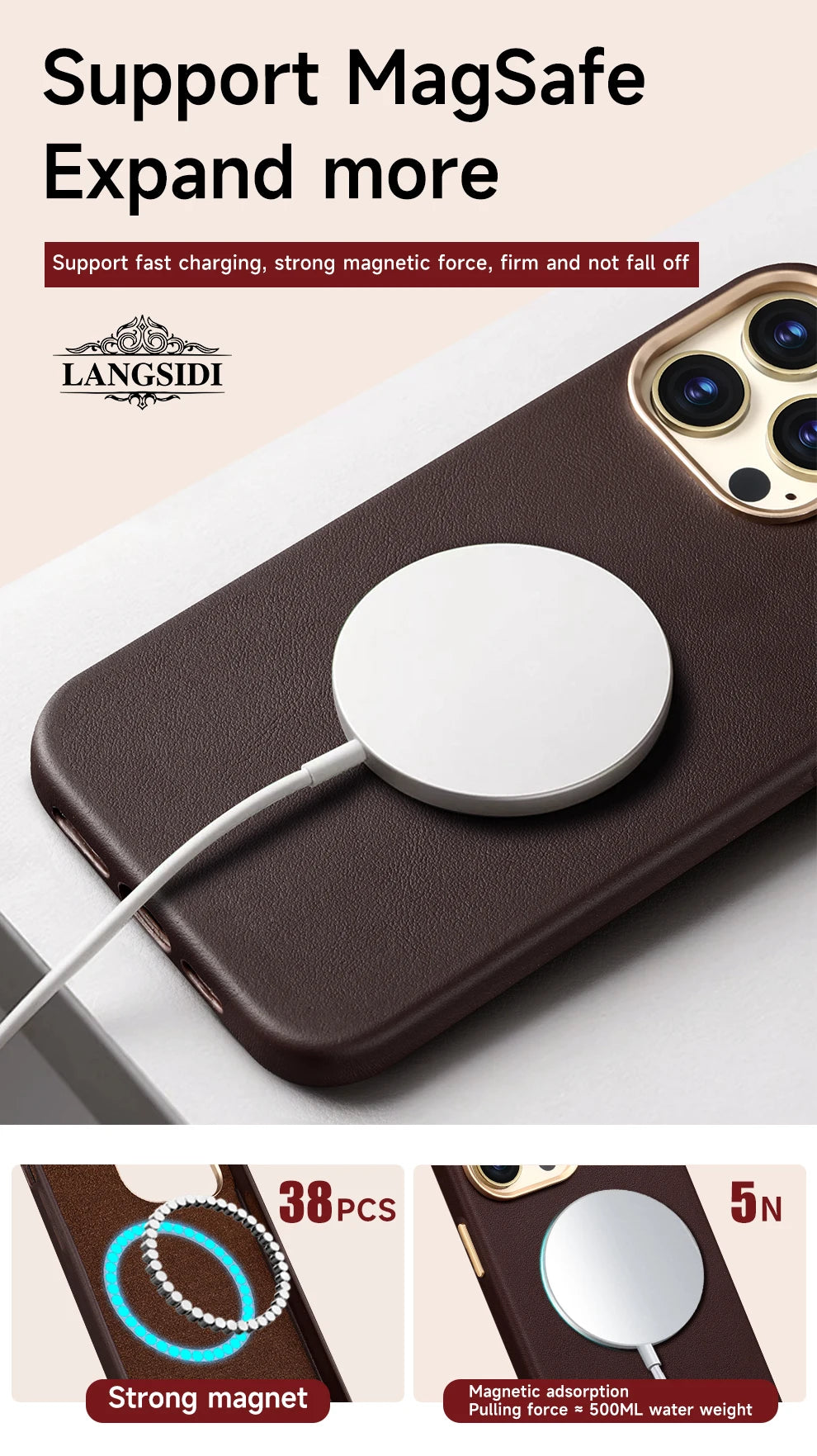 جراب هاتف جلدي أصلي مغناطيسي من LANGSIDI لهاتف iPhone 12 13 14 Pro 14 Plus 14pro شحن لاسلكي لجراب Magsafe