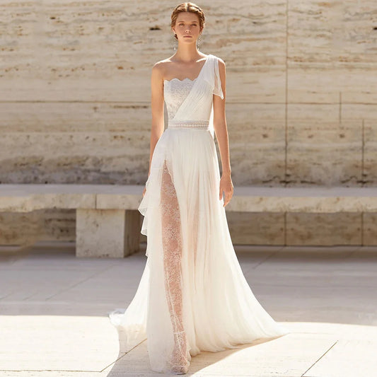 Elegant Boat Neck One Shoulder Wedding Dress Boho Chiffon Lace Irregular Floor Length Bride Beach Customized Summer Bohemia Gown